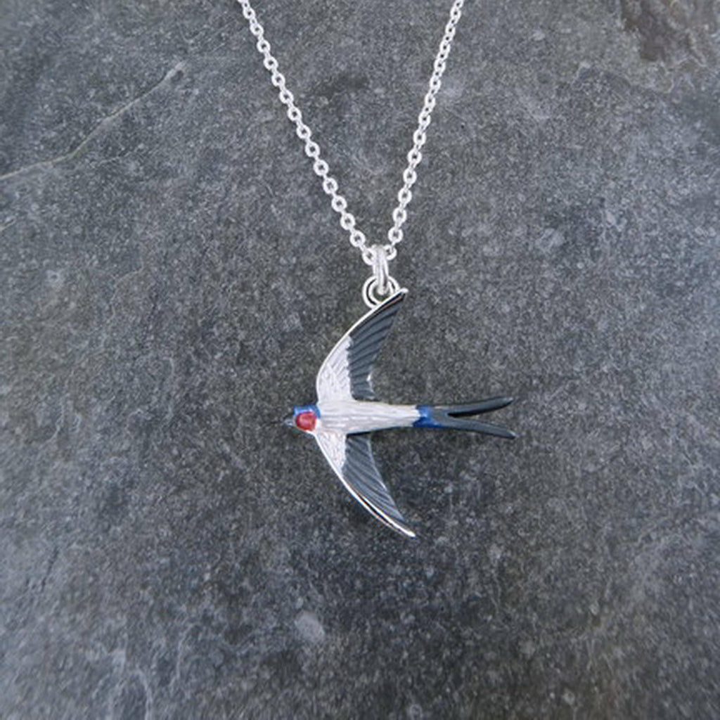 Swallow Bird In Flight Animal Necklace, Silver Plated