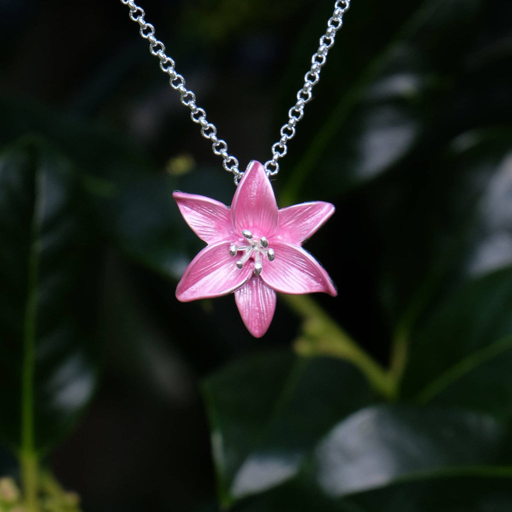 Lily Pink Star Gazer Flower Pendant Necklace, Silver Plated
