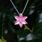 Lily Pink Star Gazer Flower Pendant Necklace, Silver Plated