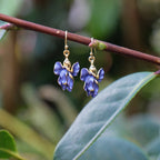 Iris Violet Blue Flower Drop Hook Earrings, Gold Plated
