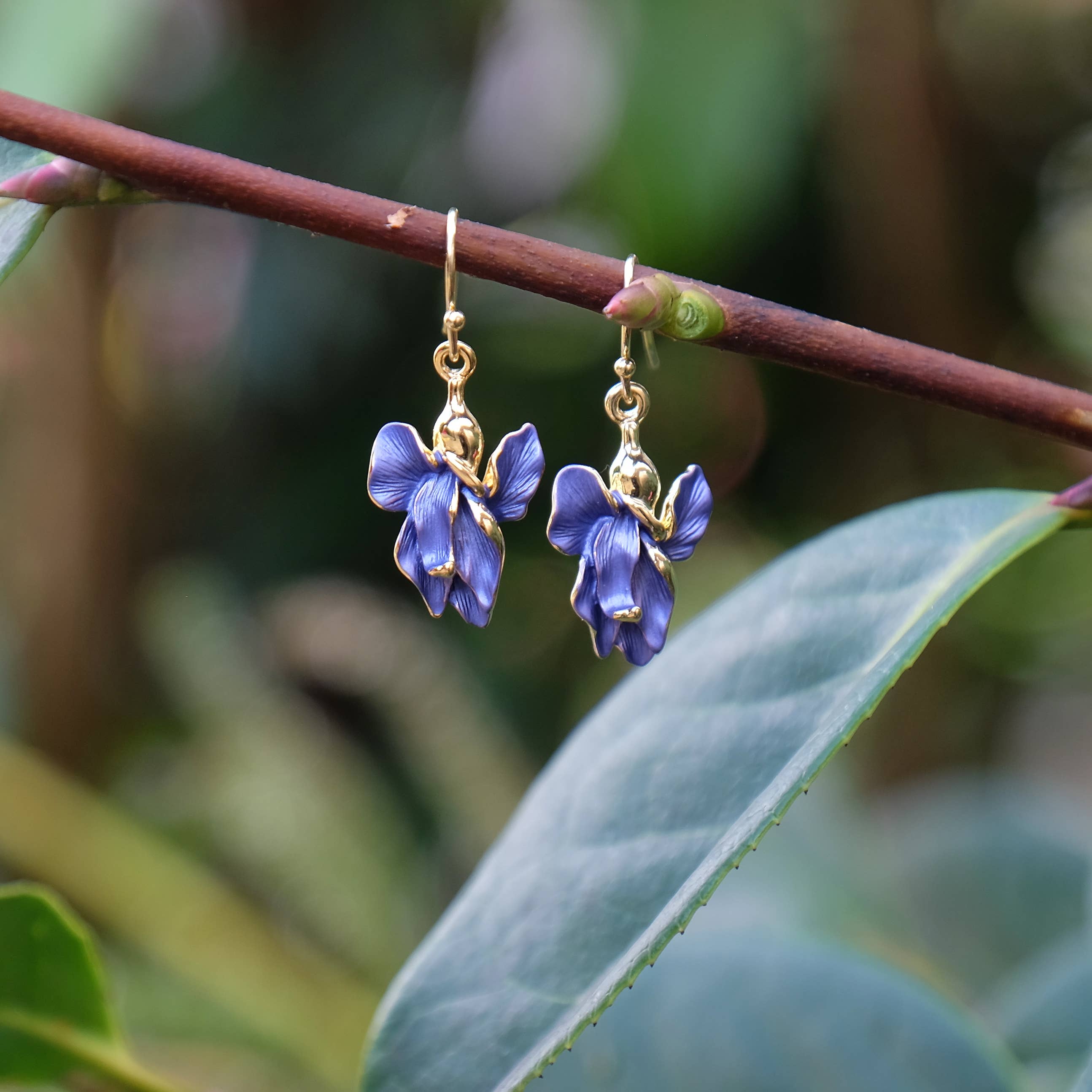 Iris Violet Blue Flower Drop Hook Earrings, Gold Plated