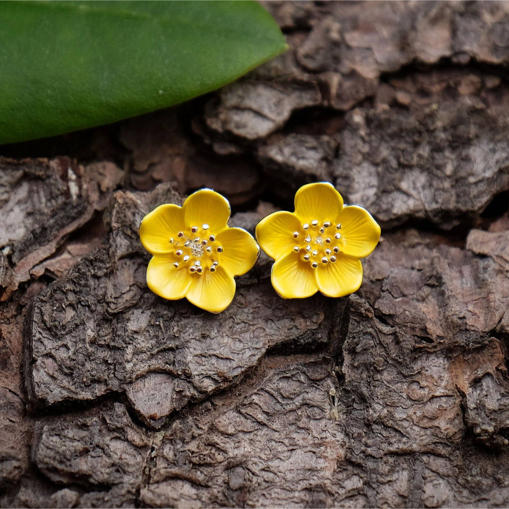 Buttercup Yellow Flower Stud Earrings, Silver Plated