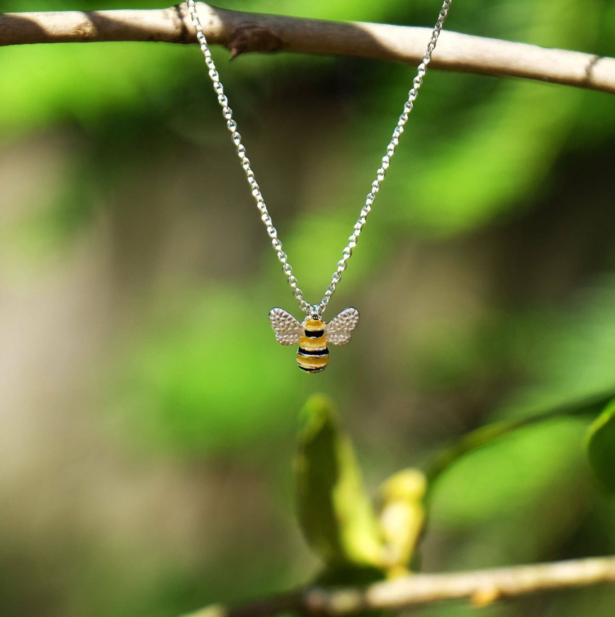 Hand-enamelled silver-plated bee pendant necklace