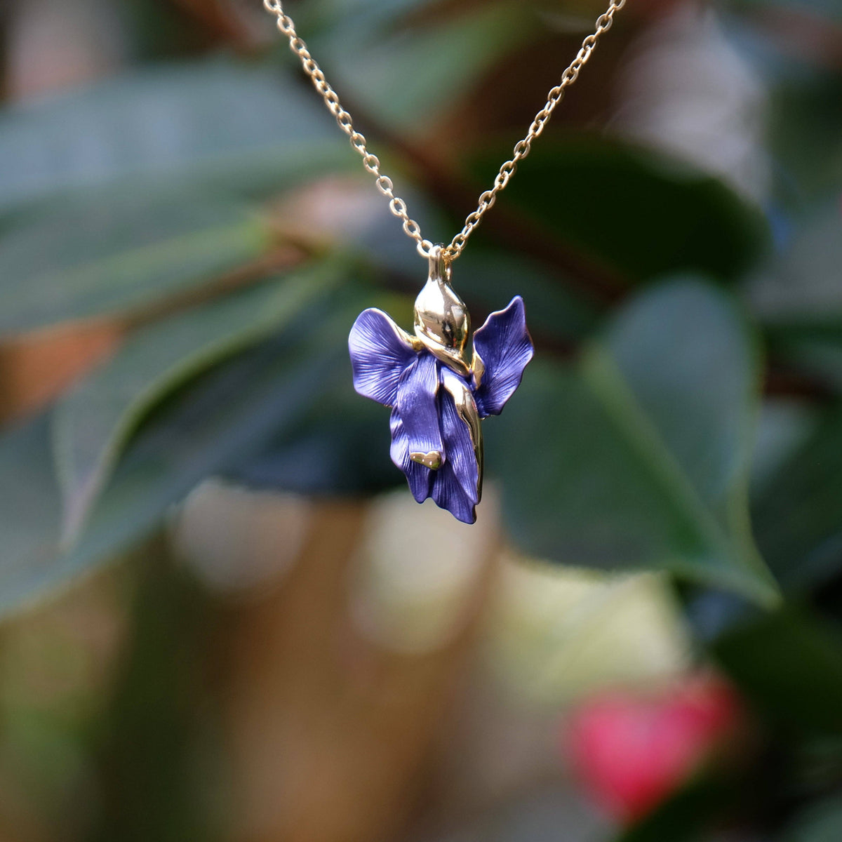 Iris Violet Blue Flower Pendant Necklace, Gold Plated