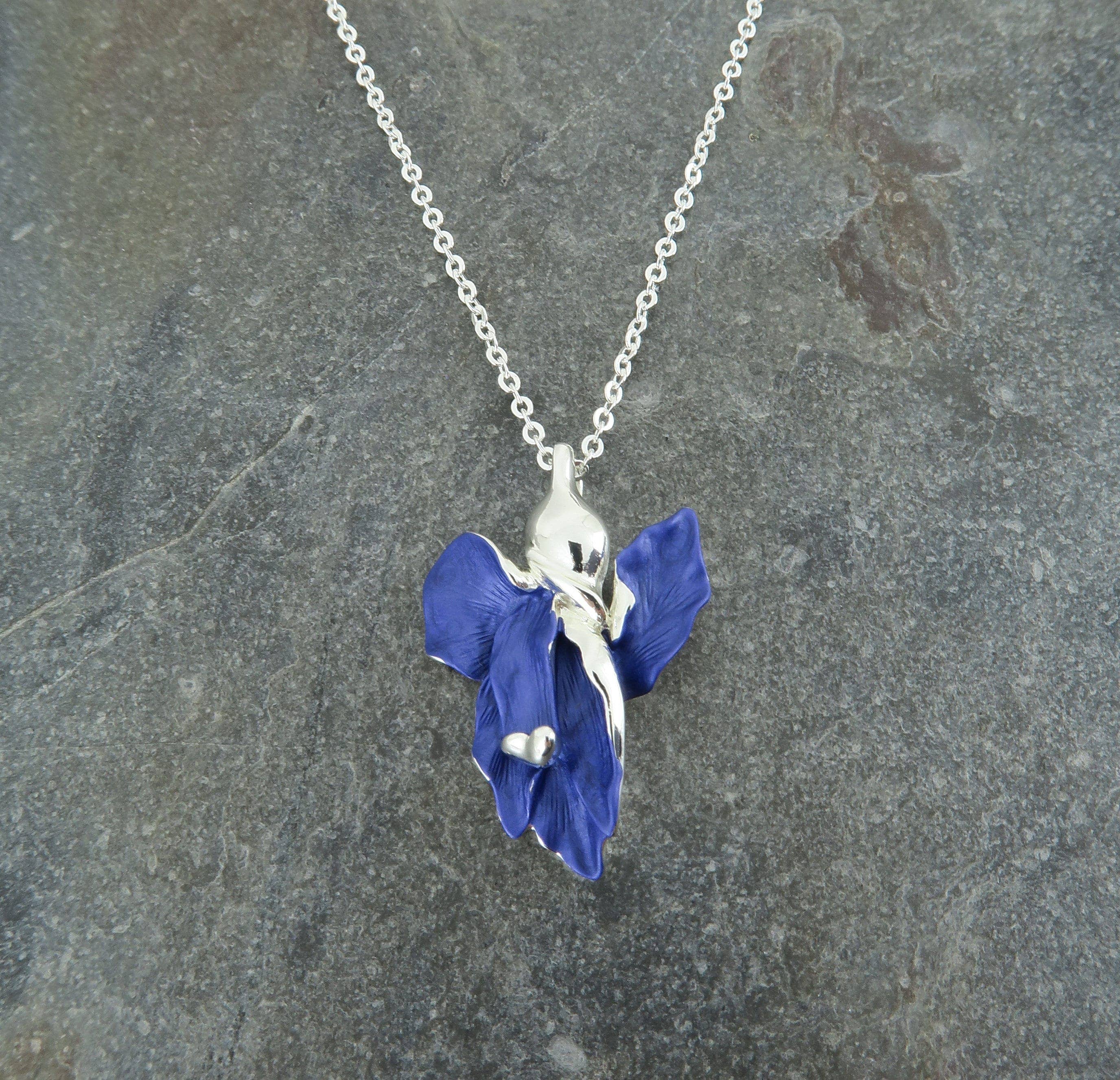 Silver-plated blue iris flower pendant necklace