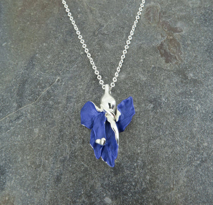 Silver-plated blue iris flower pendant necklace