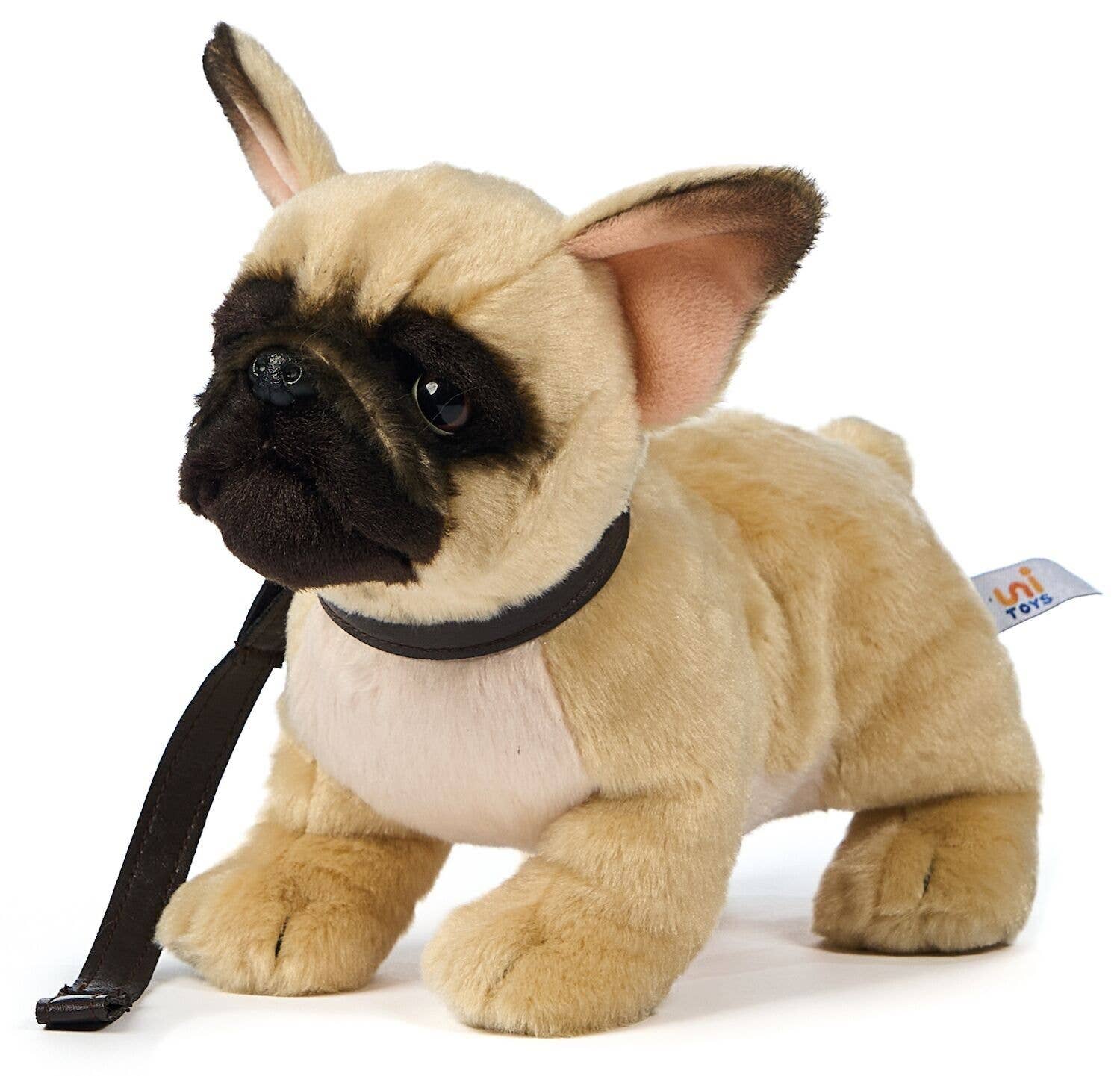 Beige French Bulldog plush toy with collar and lead