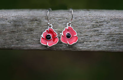 Silver-plated red poppy flower drop earrings