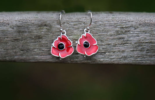 Silver-plated red poppy flower drop earrings