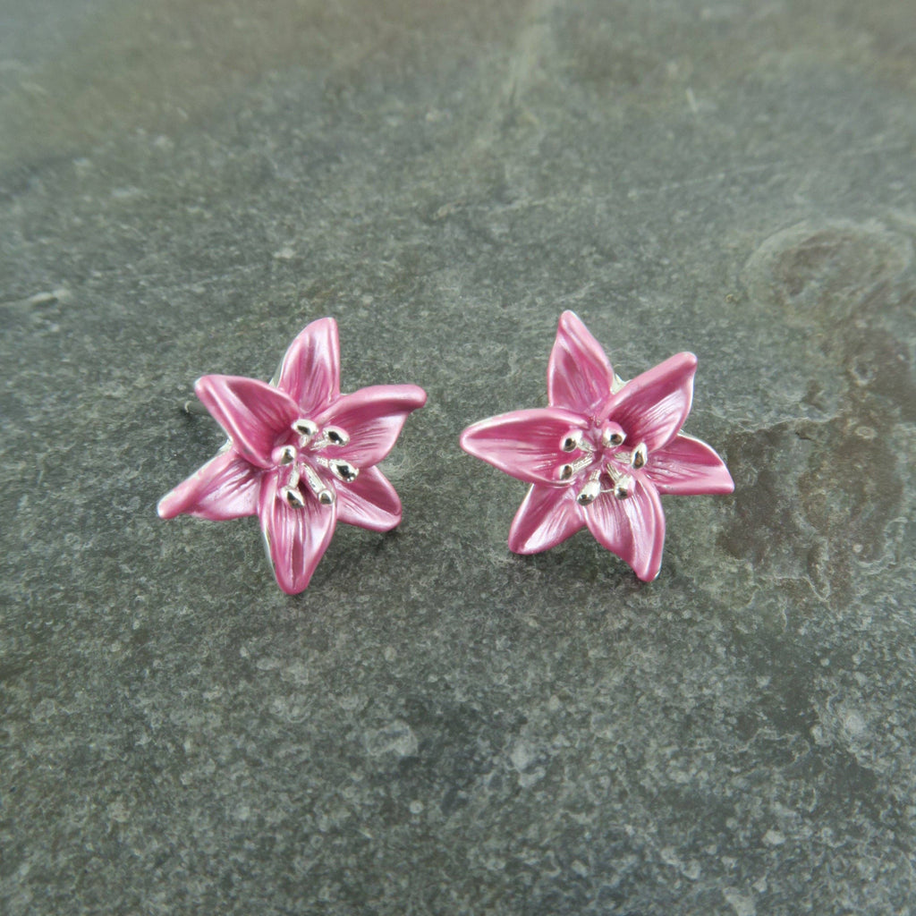 Lily Pink Star Gazer Flower Post Stud Earrings, Silver Plated