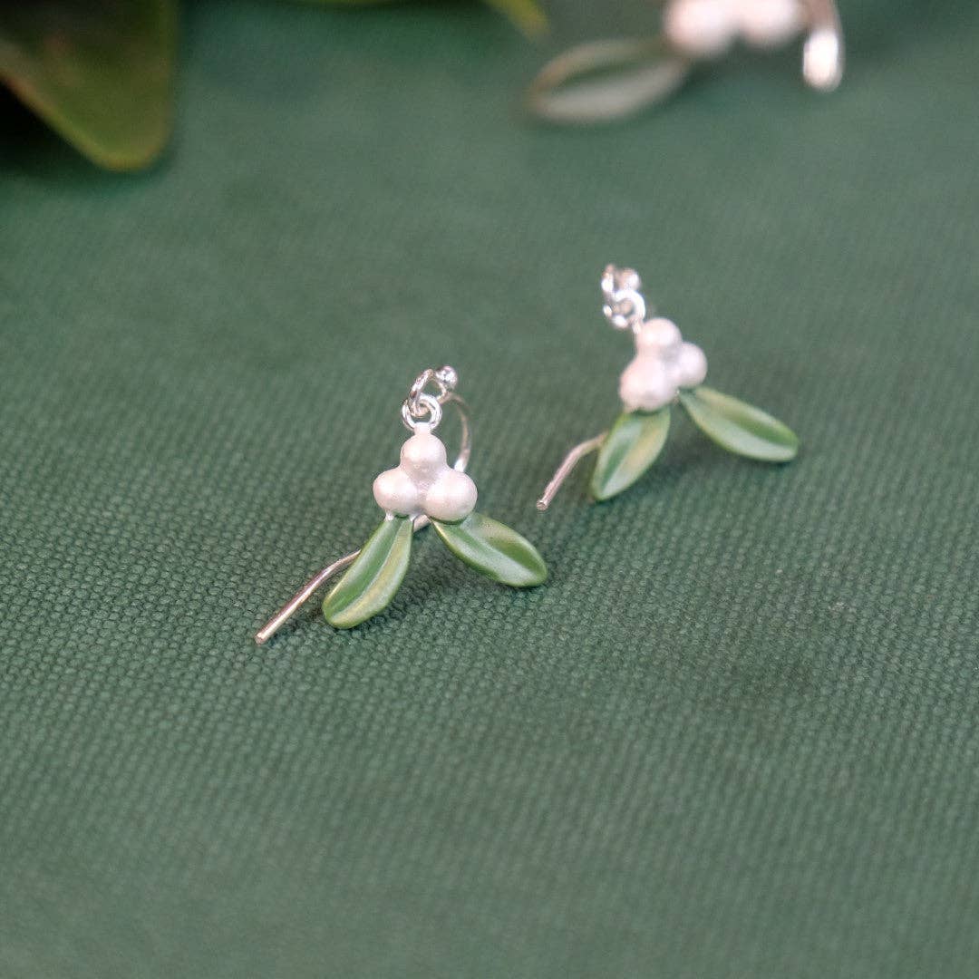 Mistletoe Christmas Drop Earrings, Silver Plated