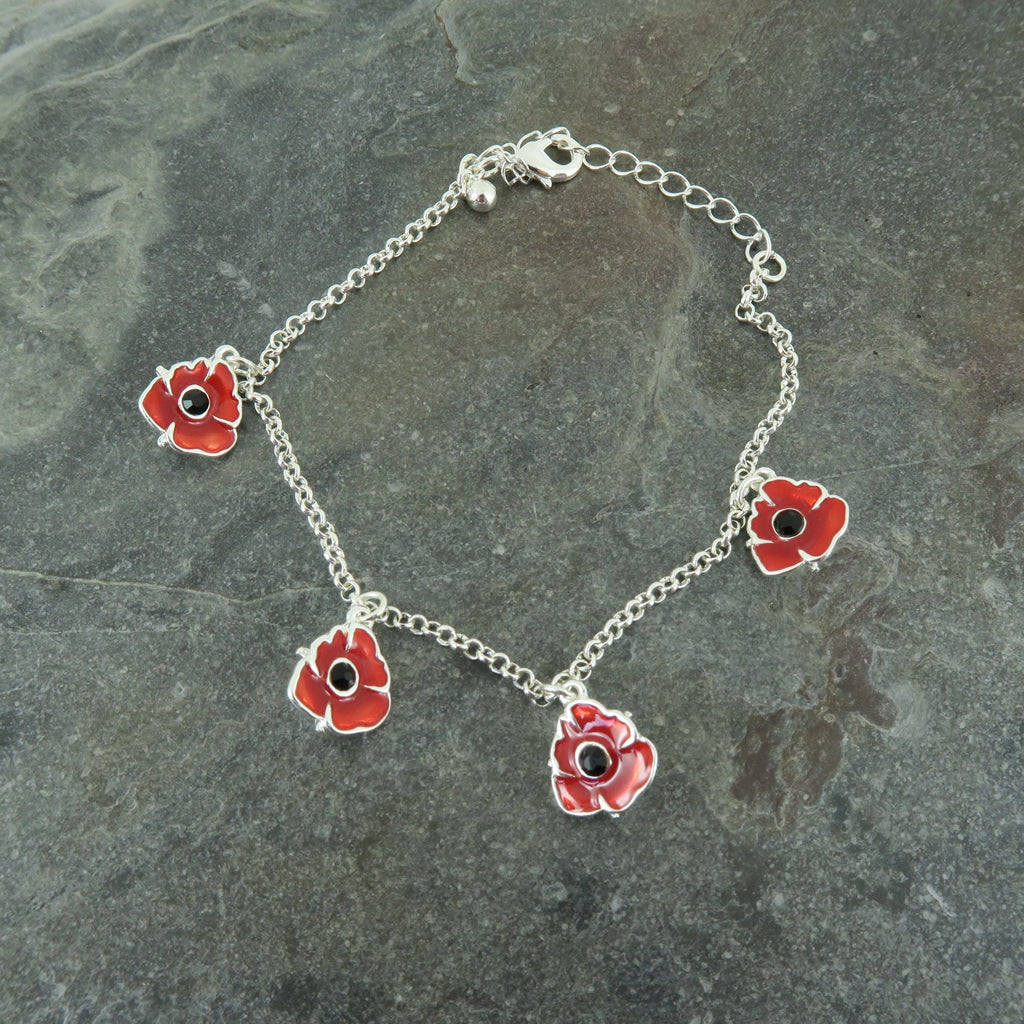 Poppy Red Flower Charm Bracelet, Silver Plated