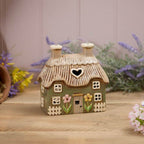 Stoneware Green Thatched Cottage With Embossed Flowers Tea Light Holder