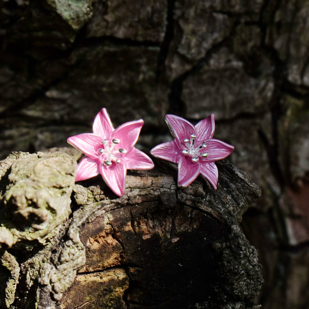 Lily Pink Star Gazer Flower Post Stud Earrings, Silver Plated