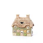 Stoneware Green Thatched Cottage With Embossed Flowers Tea Light Holder