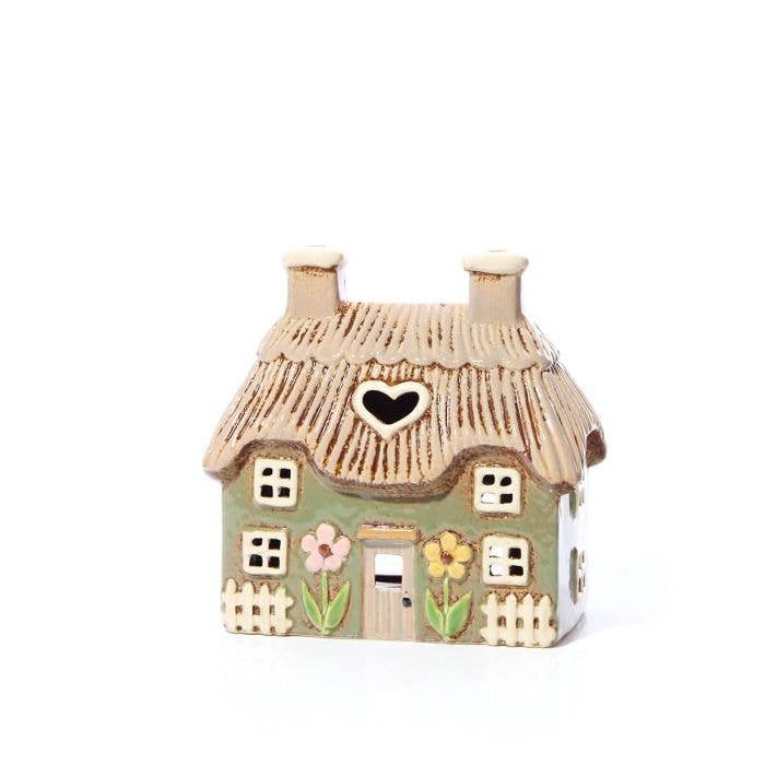Stoneware Green Thatched Cottage With Embossed Flowers Tea Light Holder