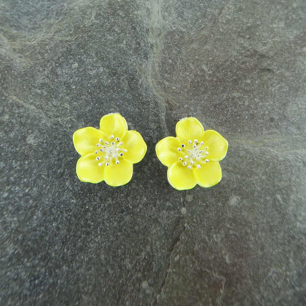 Buttercup Yellow Flower Stud Earrings, Silver Plated