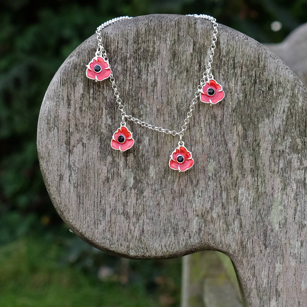 Poppy Red Flower Charm Bracelet, Silver Plated
