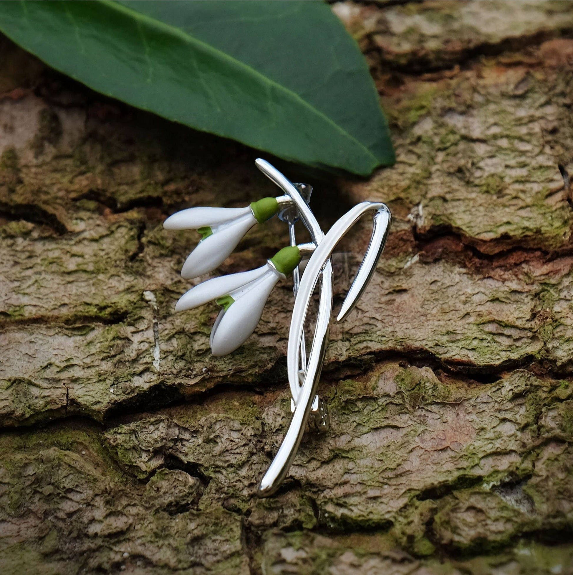Silver-plated white snowdrop flower brooch
