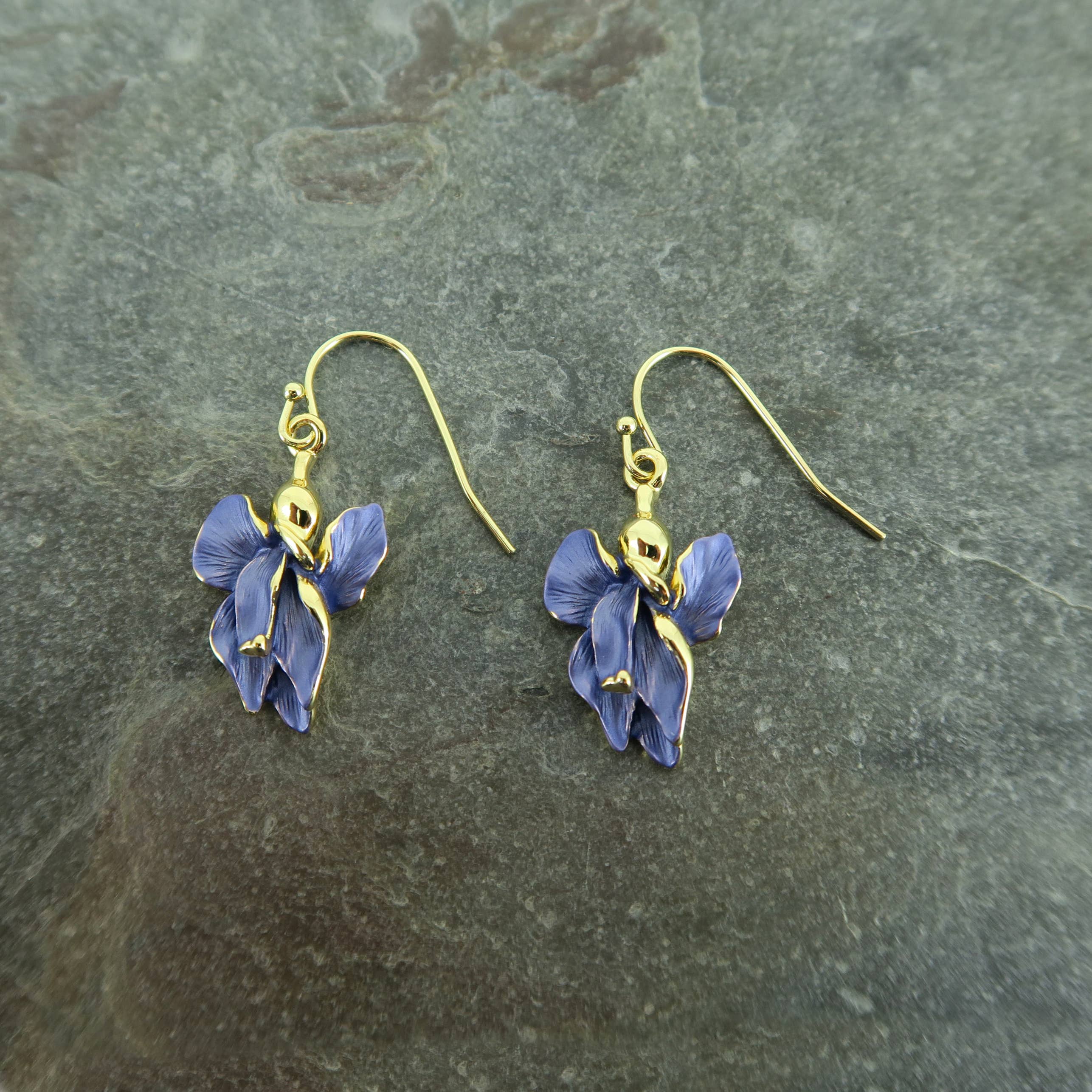 Gold-plated blue iris flower drop earrings