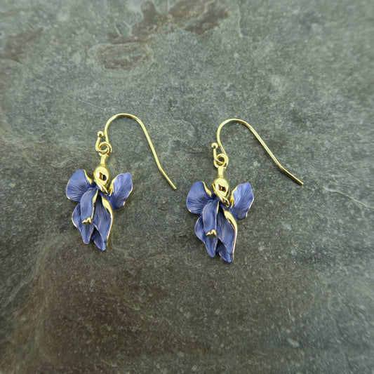 Gold-plated blue iris flower drop earrings