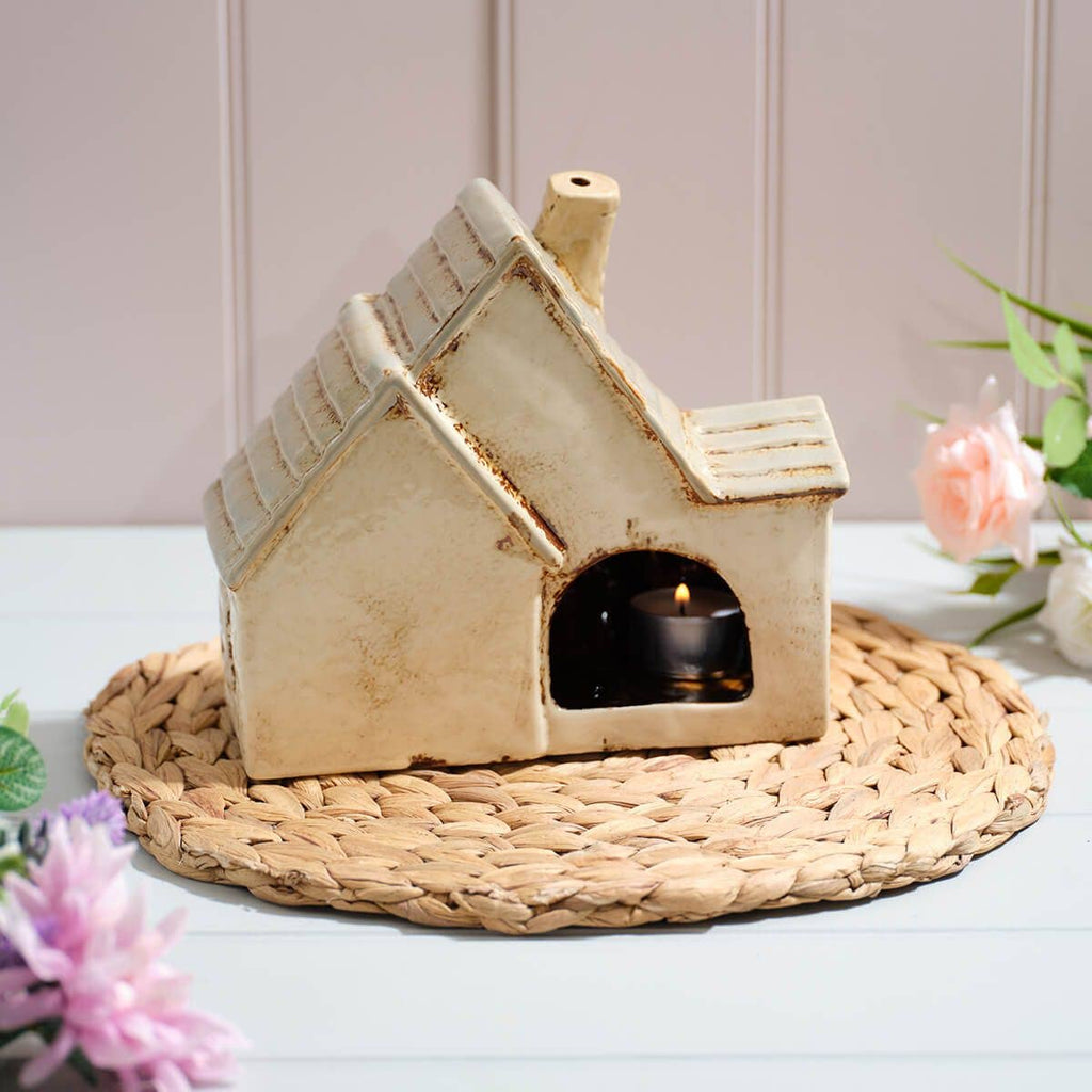 Cottage Garden Stoneware Double Cottage With Full Chimney And Embossed Details Candle Holder