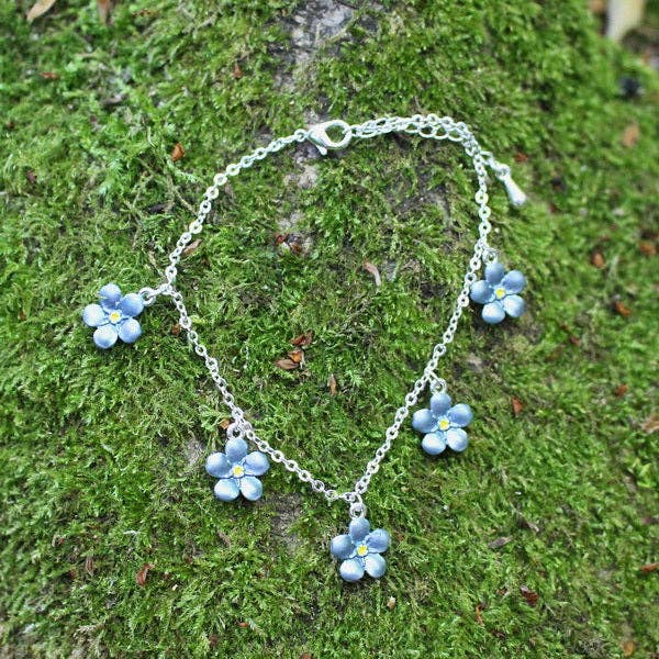 Forget-Me-Not Blue Flower Charm Bracelet, Silver Plated