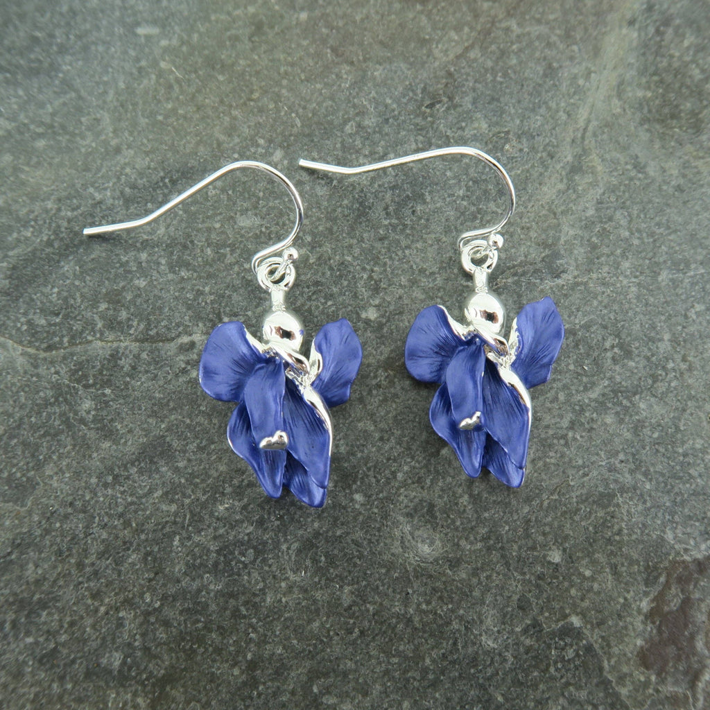 Iris Violet Blue Flower Drop Hook Earrings, Silver Plated