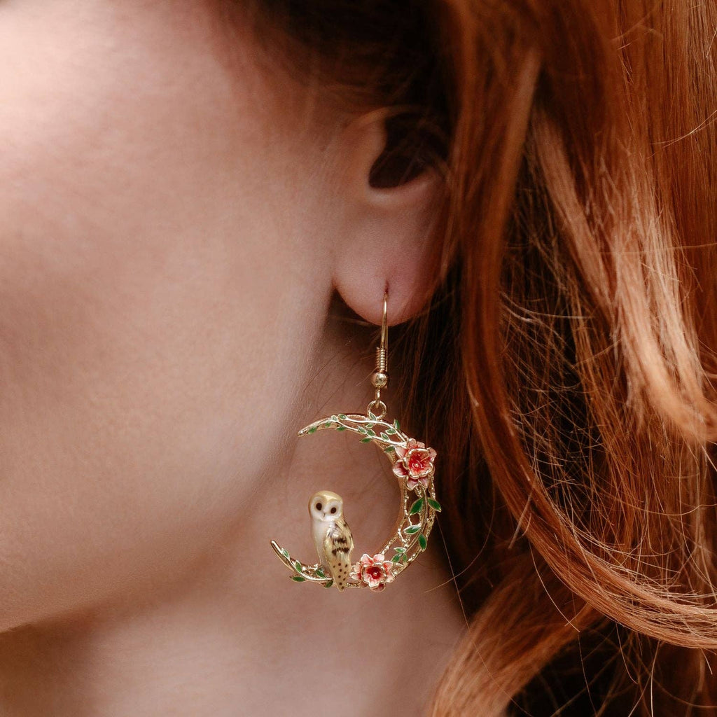 Owl in a Moon Drop Earrings