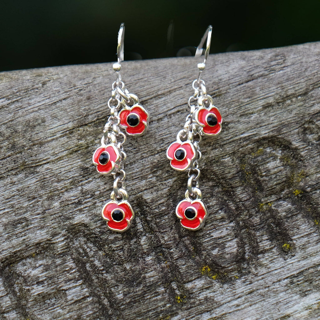 Poppy Red Flowers Drop Hook Earrings, Silver Plated