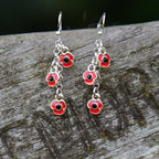 Poppy Red Flowers Drop Hook Earrings, Silver Plated