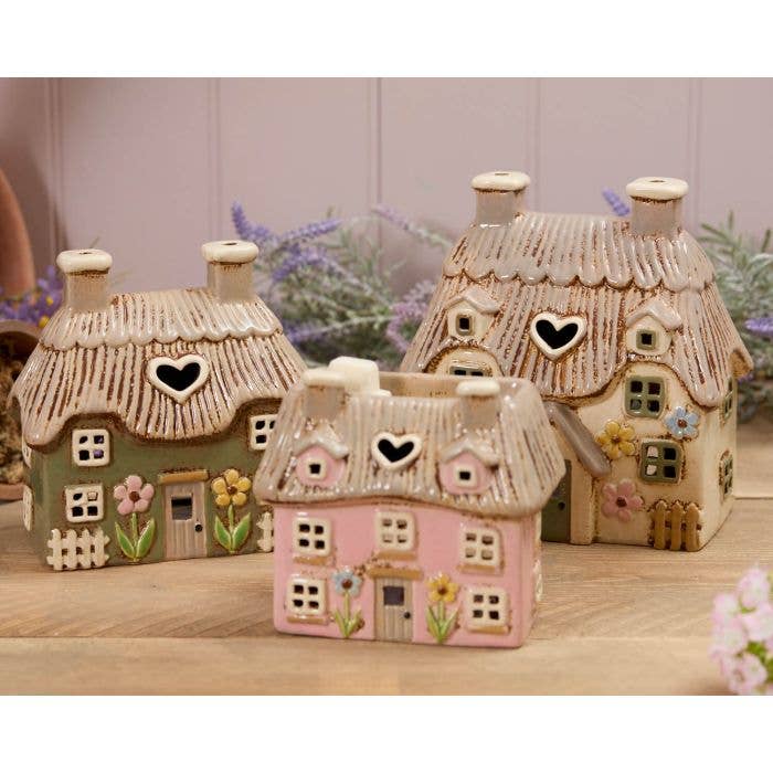 Stoneware Green Thatched Cottage With Embossed Flowers Tea Light Holder