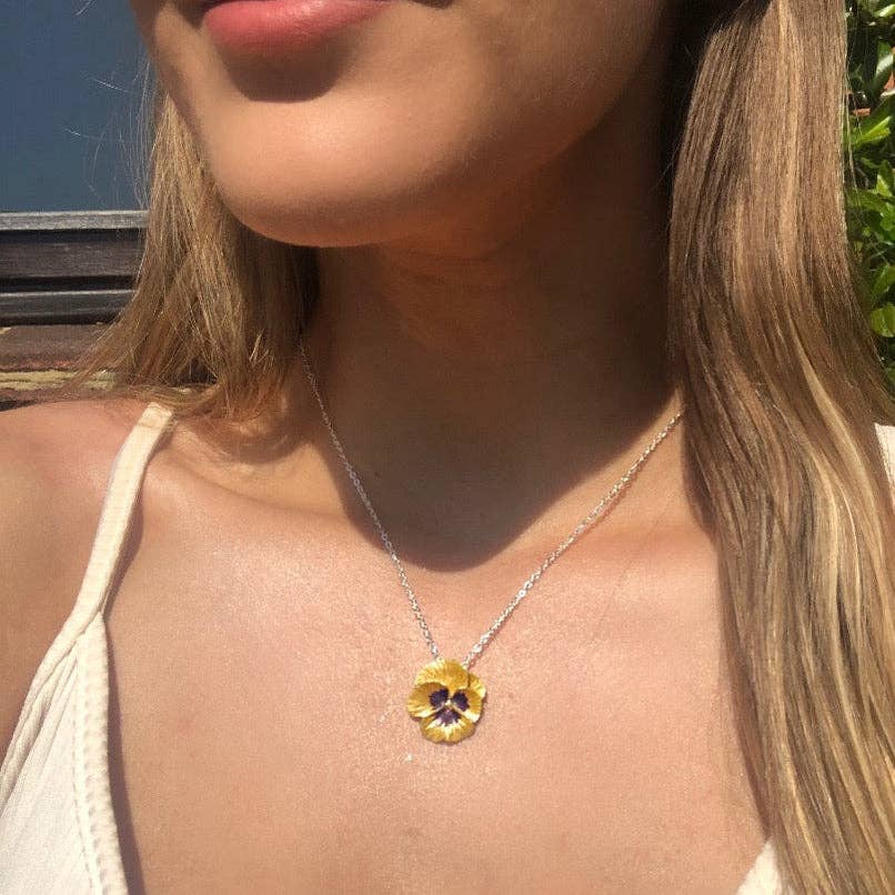 Pansy Yellow Flower Pendant Necklace, Silver Plated