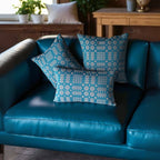 Teal Welsh tapestry design cushion with charcoal reverse