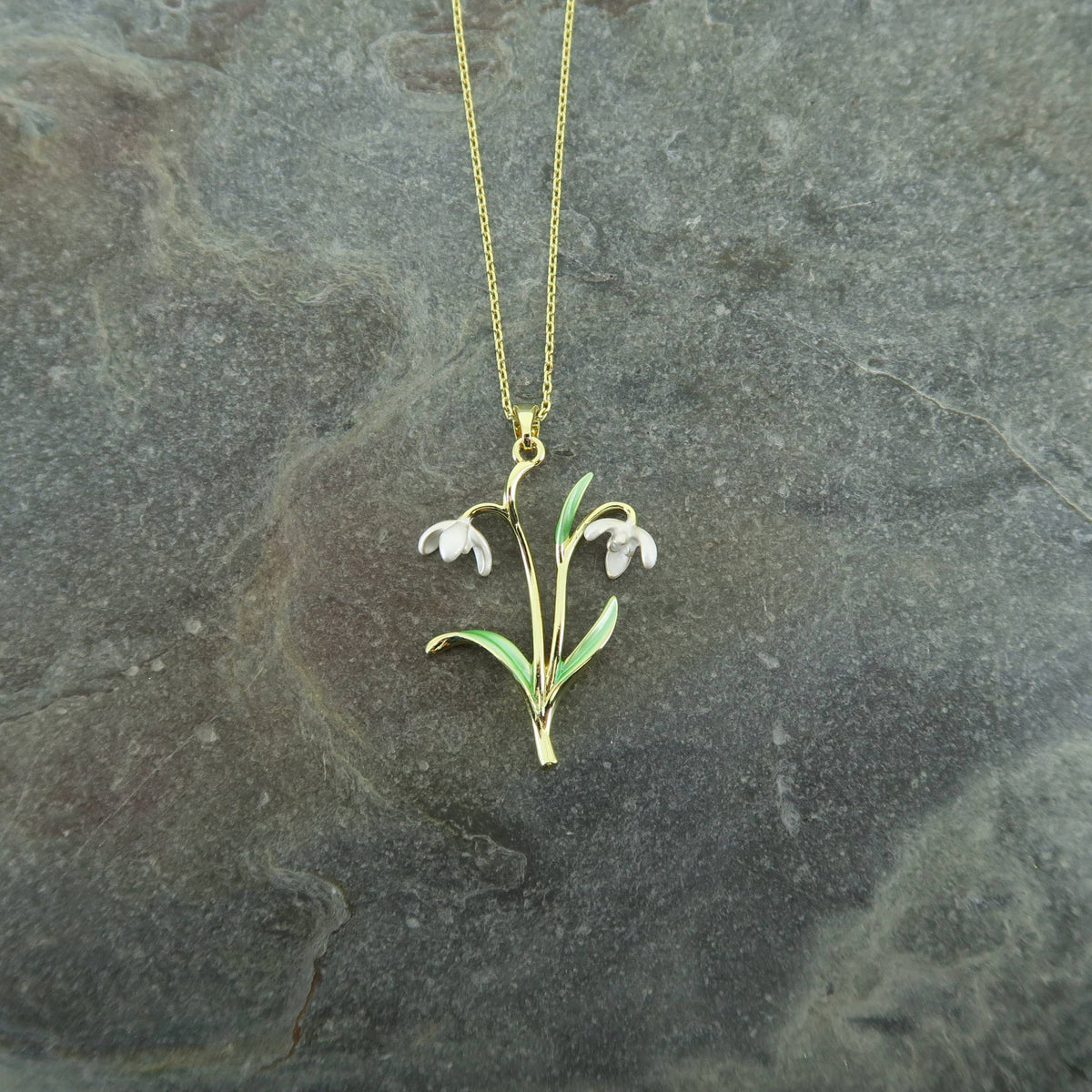 Snowdrop White Open Flower Pendant Necklace, Gold Plated