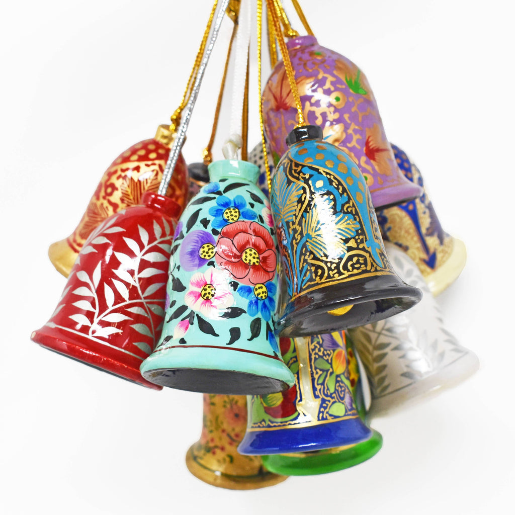 Hand painted wooden Christmas bell ornament assorted 12 pack