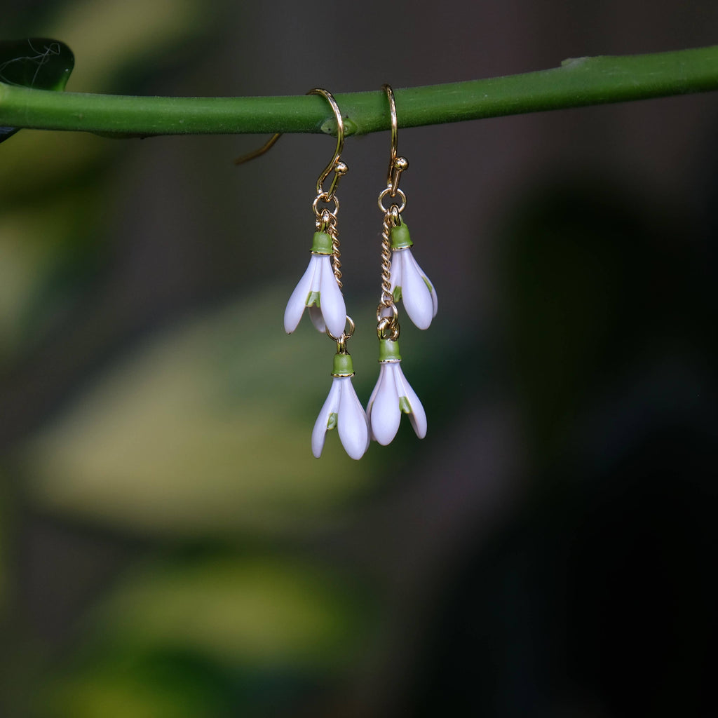 Snowdrop White Flower Gold Plated Drop Hook Earrings