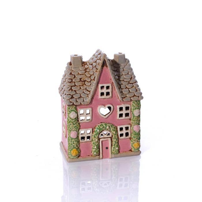 Cottage Garden Stoneware House Pink With Rose Garland And Cut Out Heart All Embossed Details Candle Holder
