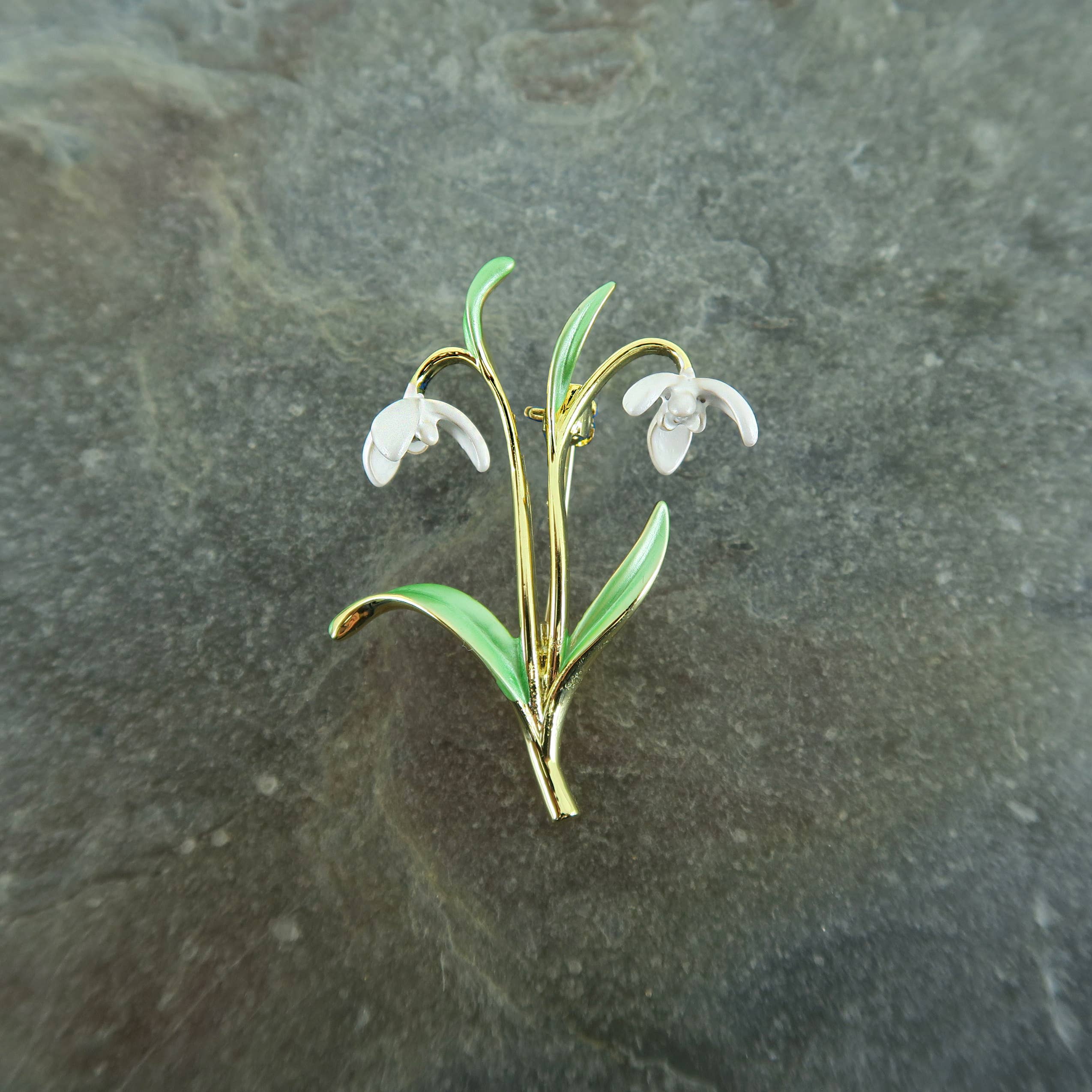 Gold-plated white snowdrop flower brooch