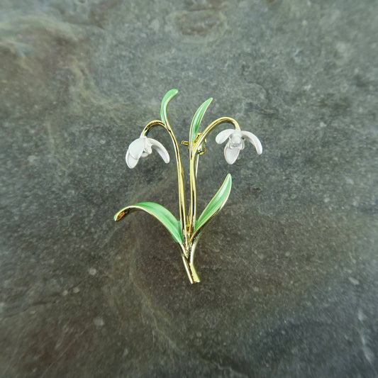 Gold-plated white snowdrop flower brooch