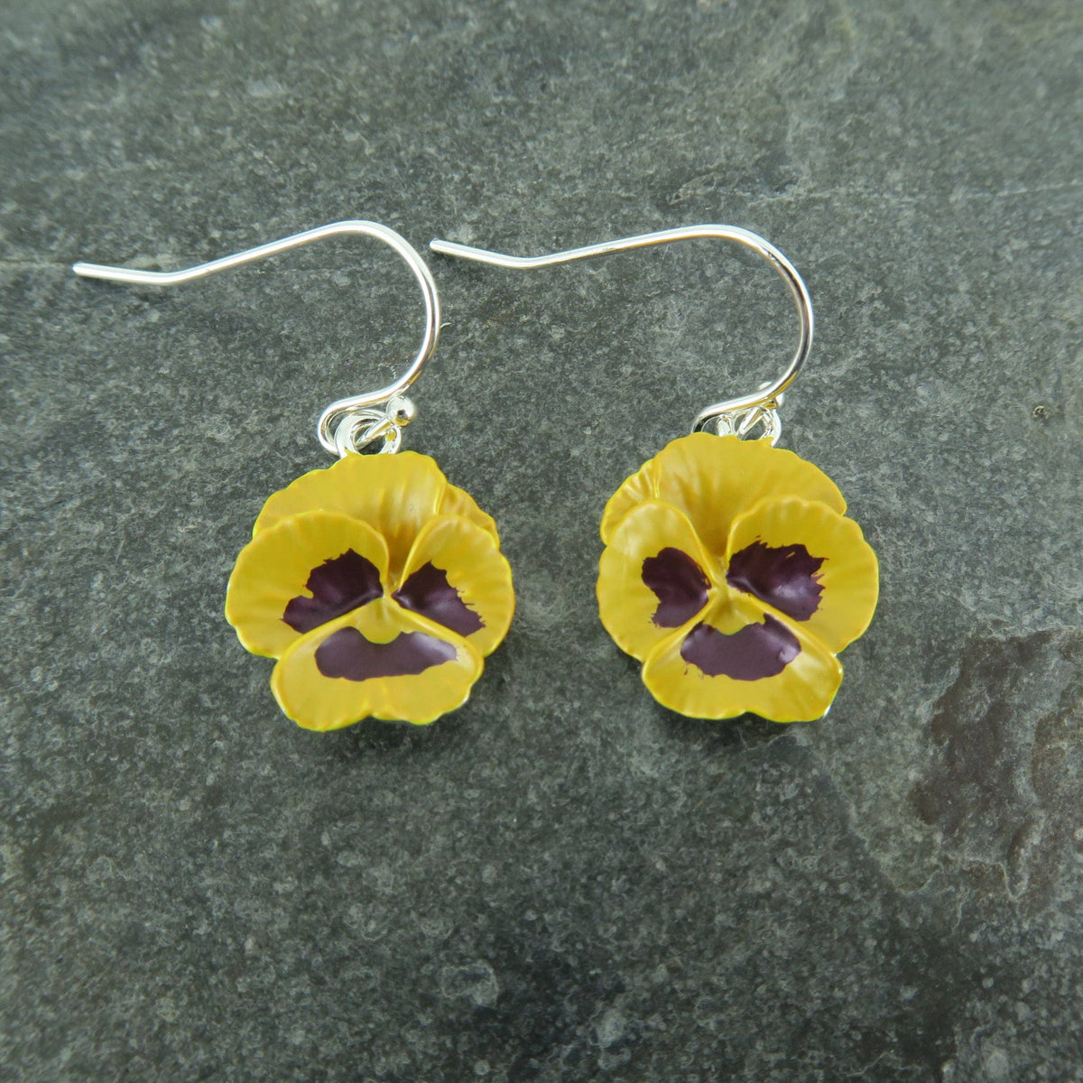 Pansy Yellow Flower Drop Earrings, Silver Plated