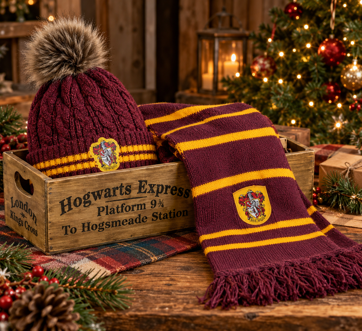 Harry Potter Gryffindor Scarf & Hat Gift Set with Platform 9¾ Box | Blethyn & Co