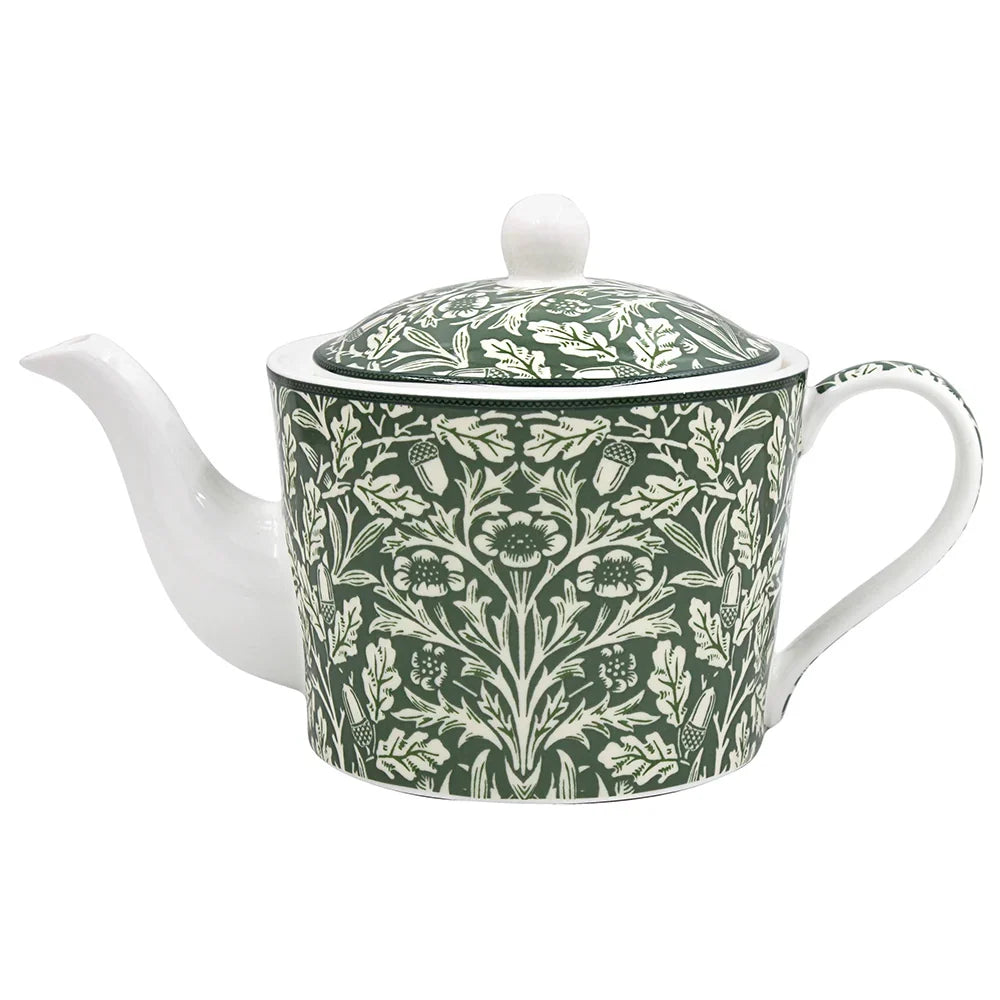 William Morris Acorn small teapot with green and white botanical acorn pattern