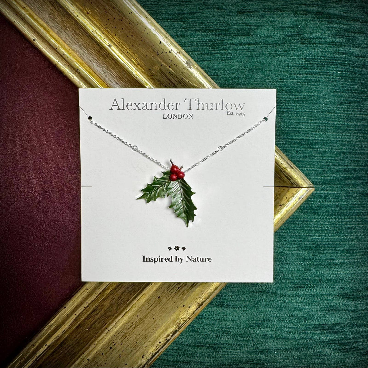 Holly with Berries Christmas Necklace, Silver Plated