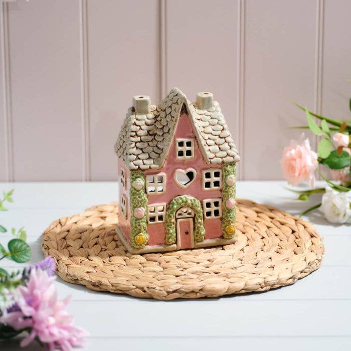 Cottage Garden Stoneware House Pink With Rose Garland And Cut Out Heart All Embossed Details Candle Holder