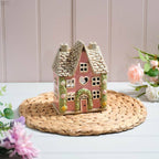 Cottage Garden Stoneware House Pink With Rose Garland And Cut Out Heart All Embossed Details Candle Holder