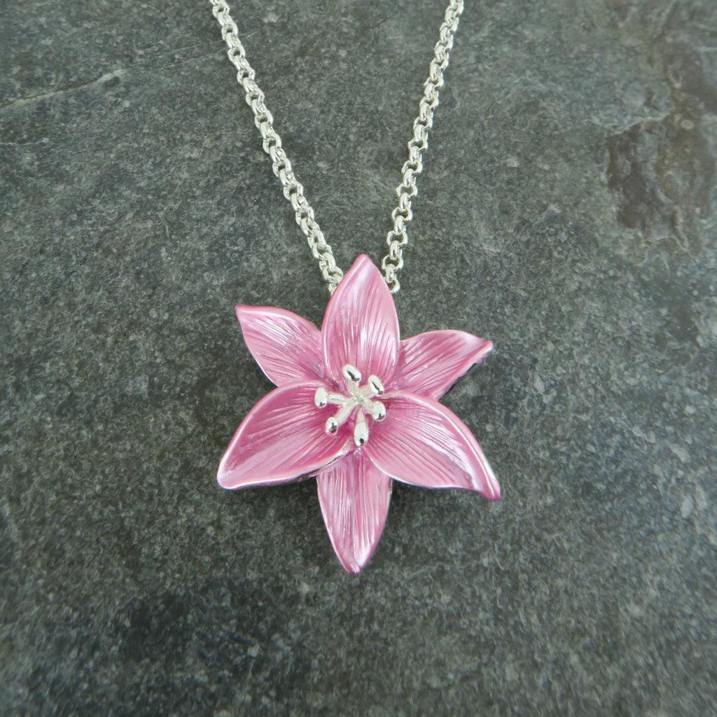Lily Pink Star Gazer Flower Pendant Necklace, Silver Plated