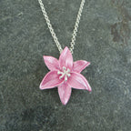 Lily Pink Star Gazer Flower Pendant Necklace, Silver Plated