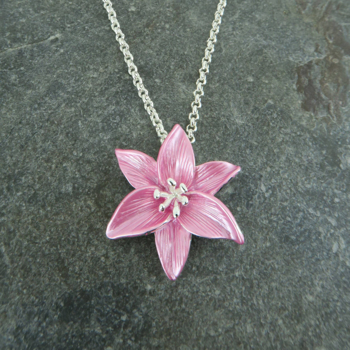Lily Pink Star Gazer Flower Pendant Necklace, Silver Plated