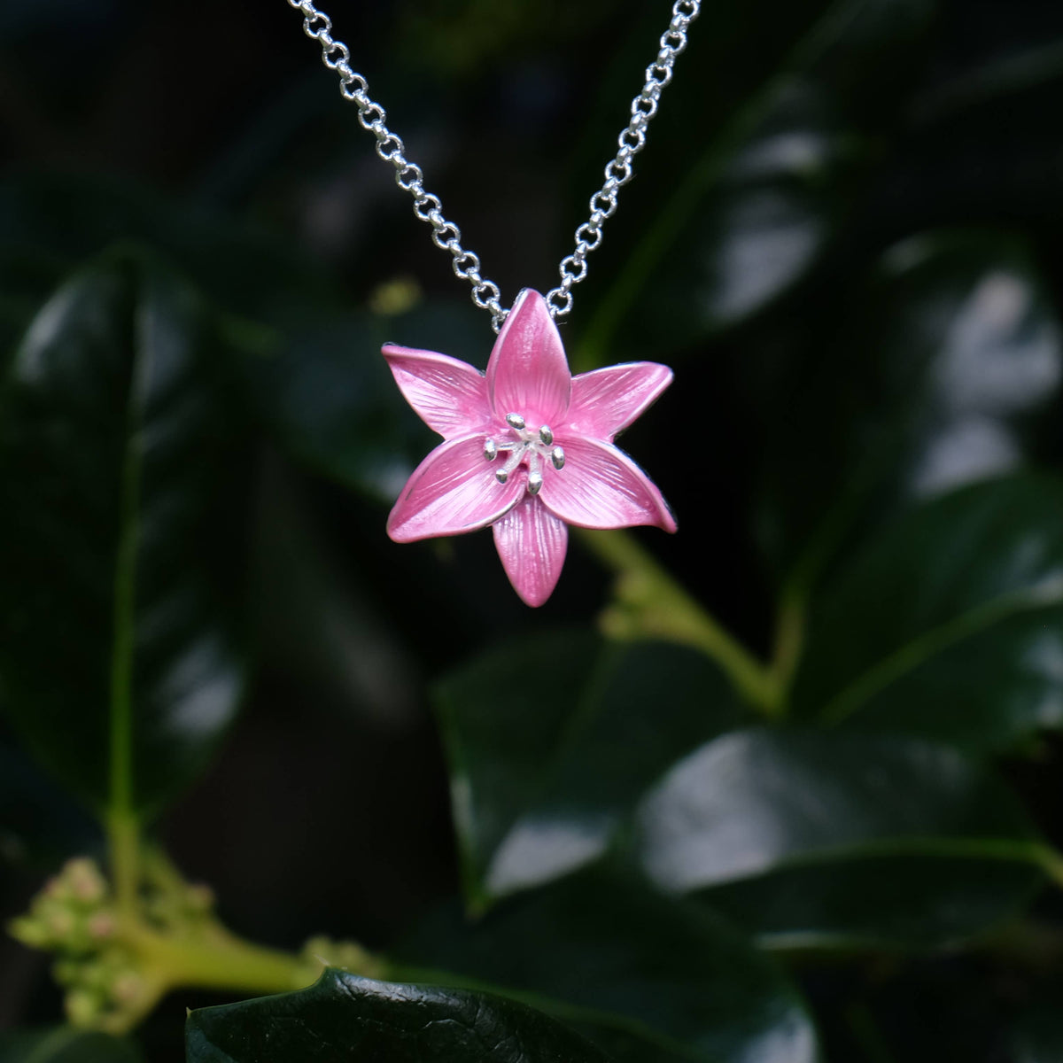 Lily Pink Star Gazer Flower Pendant Necklace, Silver Plated